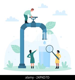 Water quality research and analysis vector illustration. Cartoon tiny people researching droplets from tap with magnifying glass, studying and monitoring bacterias, germs and viruses in tests Stock Vector