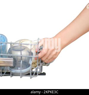 A woman hand opens a dishwasher tray with cups and plates, close-up, isolated on a white background Stock Photo