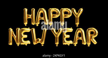 3d illustration of happy new year letter golden balloons isolated on black background Stock Photo