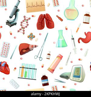 Medicine and treatment items seamless pattern. Cartoon style. Subjects of study. Equipment and human internal organs for treatment. Isolated on white Stock Vector