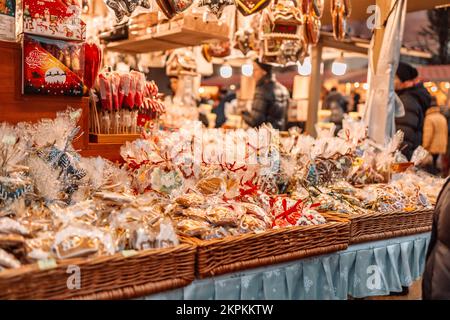 Christmas Fair. One of the most traditional sweet treats which are gingerbread pictured at the Christmas Market in Krakow, Poland.  Stock Photo