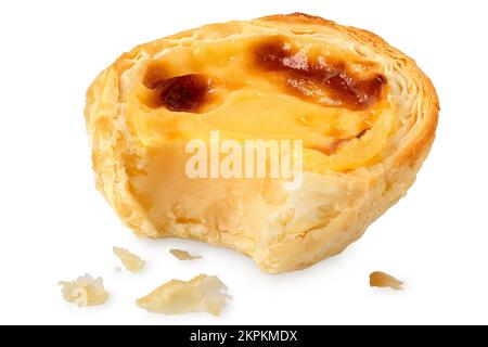 Partially eaten portuguese custard egg tart with crumbs isolated on white. Stock Photo