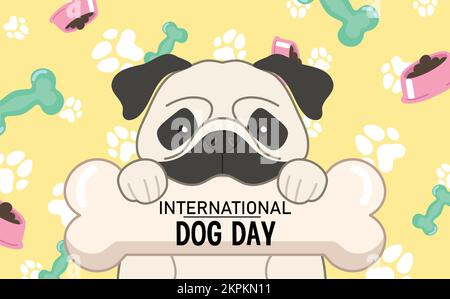 Cute pug dog holding bone with dog paws and bones toys pattern wallpaper. International dog day or world dog day banner or poster. Stock Vector