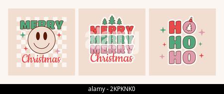 Ho ho ho and Merry Christmas groovy posters in trendy hippie retro 1970s style. Santa Claus messages. Vector illustration Stock Vector