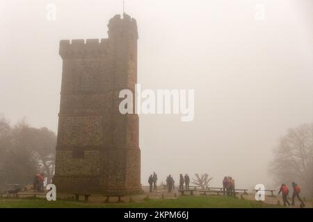 Coldharbour, November 27th 2022: Leith Hill Tower in Surrey on a foggy autumn afternoon Stock Photo