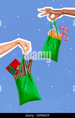 Vertical collage image of two arms fingers hold shopping bags newyear festive decor food alcohol presents isolated on creative background Stock Photo