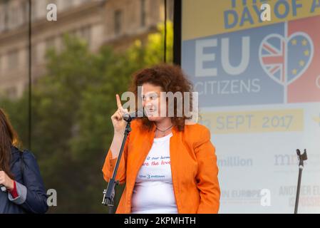 Barbara Hoefling speaking at a EU Citizens rally in Trafalgar Square, London, UK. Female singer and conductor Stock Photo