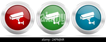 Cctv camera vector icon set. Red, blue and green silver metallic web buttons with chrome border Stock Vector