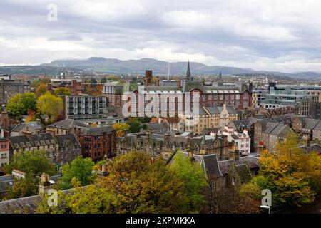 Aerial view of Old Town and Grassmarket Edinburgh and surrounding hills in autumn, Scotland, UK. Stock Photo