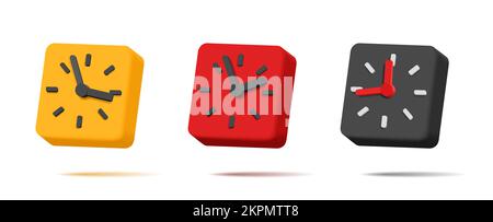 3d alarm clock, square shape with 12 hours and pointer arrows, volume shapes of yellow black and red colors Stock Vector