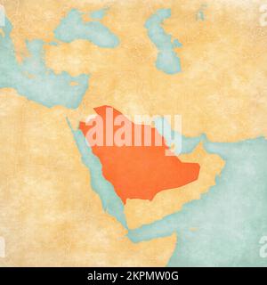 Saudi Arabia on an ocher retro map of Middle East (Western Asia) on old ...