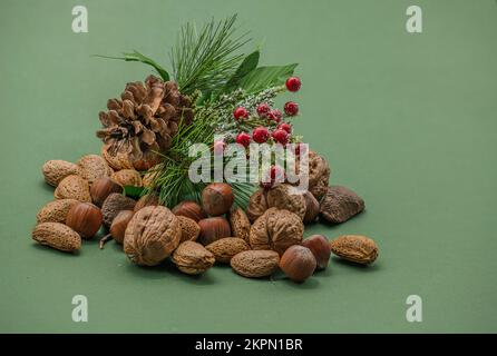 Pine cone, and berrys  on a stack of nuts isolated on a green background. Stock Photo