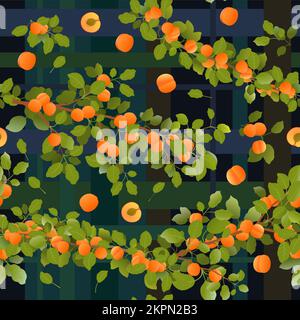 Branches apricot tree with ripe fruits. Dark background picture. Garden plant with edible harvest. Seamless pattern composition. Branch with foliage a Stock Vector