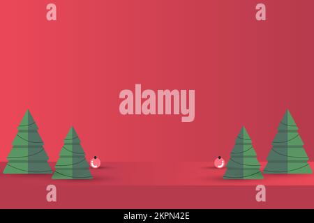 green christmas tree on red paper art abstract background with sky and line design for Merry christmas, poster card, banners, gift card, christmas Stock Vector