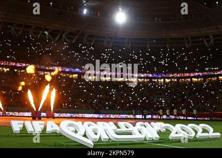 Doha, Qatar. 28th November 2022; Stadium 974, Doha, Qatar; FIFA World Cup  Football, Brazil versus Switzerland; Large Trophy replica for Copa do Mundo  FIFA Qatar 2022 on display pre-game Credit: Action Plus Sports Images/Alamy  Live News Stock