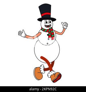 Snowman Cartoon funny retro comic Christmas character, gloved hands Stock Vector