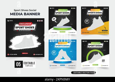 Sneakers sale template bundle for social media marketing. Shoe business advertisement template collection with dark backgrounds. Exclusive shoe sale s Stock Vector