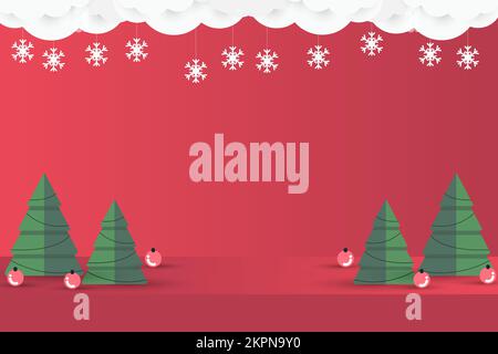 green christmas tree on red paper art abstract background with sky and line design for Merry christmas, poster card, banners, gift card, christmas Stock Vector