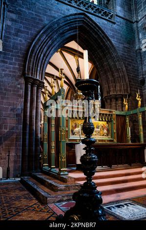 The Chancel or High Altar and a reredos at Chester Cathedral in Chester, England. Stock Photo