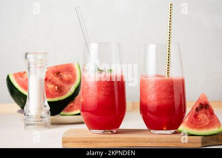 Two glasses of refreshing watermelon Agua fresca drink. Stock Photo