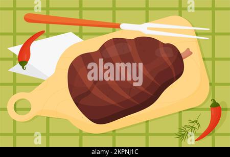 Roasted Pork Leg Grilled. Mexican popular grilled meat food. Big leg grilled on kitchen board with chili peppers. View from above. Vector illustration Stock Vector