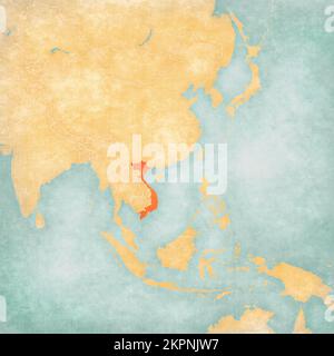 Vietnam on the map of East and Southeast Asia in soft grunge and vintage style, like old paper with watercolor painting. Stock Photo