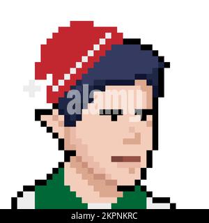 Christmas elf in a red Christmas hat. Pixel style NFT Concept. Vector illustration Stock Vector