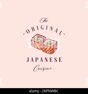 Asian Food Abstract Sign, Symbol or Logo Template. Hand Drawn Sushi or Sashimi and Retro Typography. Japanese Cuisine Vector Emblem Concept. Stock Vector