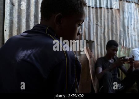 Abdou and his gang in the Kaweni slum. Novempber 24, 2022. Violent clashes erupted between rival gangs in Mayotte island, a French archipelago in the Indian Ocean. France has sent a team of special riot police to the the Indian Ocean territory of Mayotte to stem a wave of violence between rival gangs. One person has been killed and several injured during 10 days of clashes. Photo by David Lemor/ABACAPRESS.COM Stock Photo