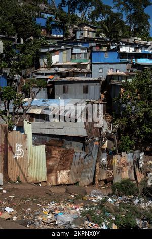 Part of the Kawéni slum, the largest slum in France. Violent clashes erupted between rival gangs in Mayotte island, a French archipelago in the Indian Ocean. France has sent a team of special riot police to the the Indian Ocean territory of Mayotte to stem a wave of violence between rival gangs. One person has been killed and several injured during 10 days of clashes. November 24, 2022. Photo by David Lemor/ABACAPRESS.COM Stock Photo