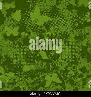 Seamless green grunge background with blots and butterflies. Vector illustration Stock Vector