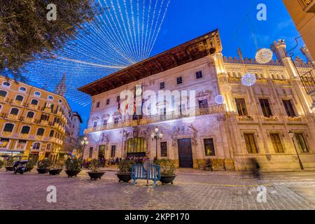 The Town Hall of Palma, at Plaza de Cort, illuminated for Christmas. Palma, Mallorca, Balearic Islands.Spain. Stock Photo