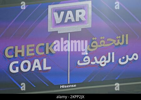 Doha, Qatar. 28th November 2022; Stadium 974, Doha, Qatar; FIFA World Cup Football, Brazil versus Switzerland; The big screen displays the VAR goal check for the goal scores by Casimero in minute 83, which was awarded Credit: Action Plus Sports Images/Alamy Live News Stock Photo