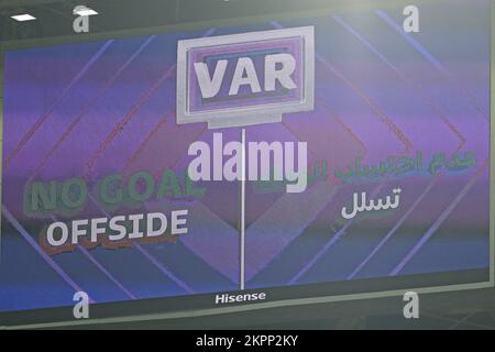 Doha, Qatar. 28th November 2022; Stadium 974, Doha, Qatar; FIFA World Cup Football, Brazil versus Switzerland; The big screen displays the VAR goal check for the goal scores by Casimero in minute 83, which was awarded Credit: Action Plus Sports Images/Alamy Live News Stock Photo