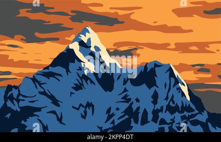 Mount Ama Dablam evening view, vector illustration, Himalayas mountains, Khumbu valley, Everest area, Nepal Stock Vector
