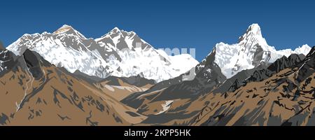 Mount Lhotse and Nuptse south rock face, top of Mt Everest and Ama Dablam peak, vector illustration, Khumbu valley, Everest area, Nepal himalayas moun Stock Vector