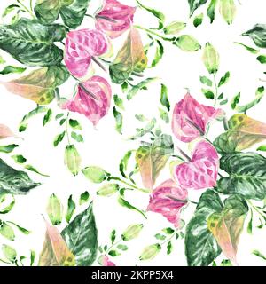 Seamless pattern with leaves and Anthurium flowers (Flamingo Flower). Watercolor hand drawn realistic illustration on white background. Stock Photo