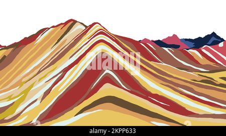 Rainbow mountains or Vinicunca Montana de Siete Colores isolated on white sky background, Cuzco region in Peru, Peruvian Andes, panoramic view vector Stock Vector