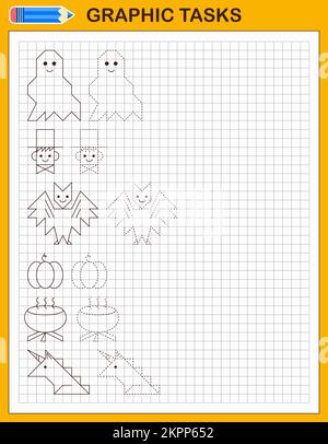 Graphic tasks by cells. Halloween set for kids. Stock Vector