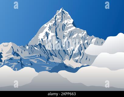vector illustration of mount Machapuchare or Machhapuchhare with clouds, Annapurna range, Nepal Himalayas mountains Stock Vector