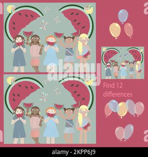 for children under 7 years old, find 12 differences in the Funny BABIES puzzle Stock Vector