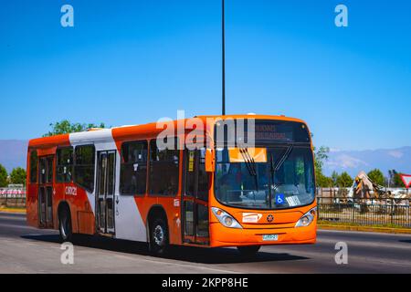 Santiago, Chile -  October 2021: A Transantiago, or Red Metropolitana de Movilidad, bus in Santiago Stock Photo