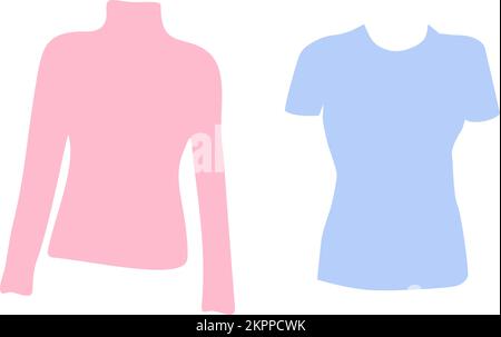 Set of 2 long and short sleeve silhouette Tshirts in trendy bright pink and blue tones. Sticker. Icon. Isolate. Layout for wrapping paper, poster, postcard, greeting or price tag, label, banner. EPS. Stock Vector