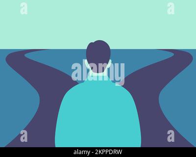Person in front of a crossroad with two identical roads. Choosing the right way and direction. Vector. Stock Vector