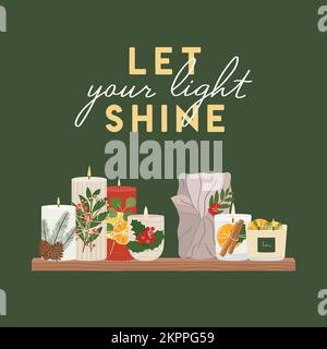 Merry Christmas greeting card with scented candles on shelf. Let your light shine Christmas posters, invitation. Zero waste eco gifts. Hand drawn vect Stock Vector