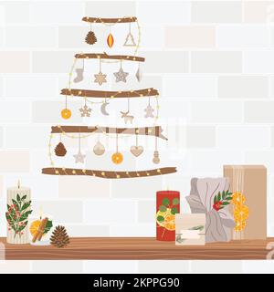 Christmas gift boxes and candles on shelf, Christmas alternative sticks tree on wall. Merry Christmas banner, posters, invitation. Zero waste eco gift Stock Vector