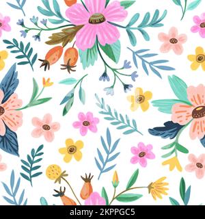 Seamless pattern with colorful doodle floral compositions and elements in watercolor style for decor, greeting cards. Stock Vector