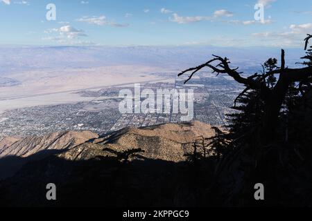 View towards Palm Springs and the Coachella Valley from the San Jacinto Mountains in Southern California. Stock Photo