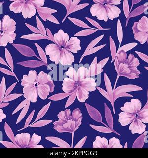 Seamless pattern with purple flowers and leaves in watercolor style for wedding invitations, greeting cards and fabric Stock Vector