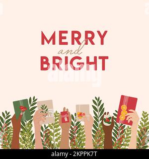 Merry Christmas greeting card with female hands with gift boxes on winter greenery background. Merry and Bright Christmas posters, invitation. Zero wa Stock Vector